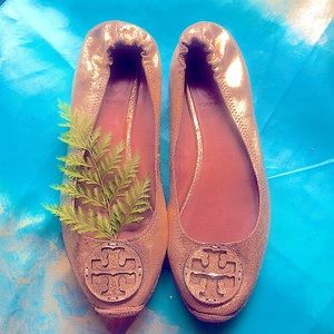 EUC Tory Burch Ballet Flats Espadrilles Gold Crackle 8